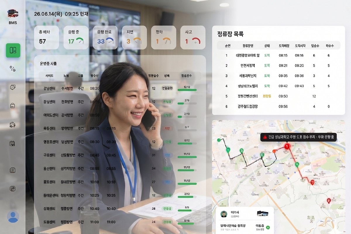 슈퍼셔틀 관리자 web 대시보드 - 운영 담당자가 전 차량 운행 상태를 실시간으로 관제하는 화면