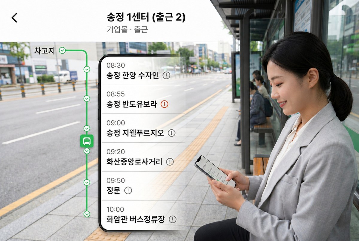 슈퍼셔틀 승객 앱으로 정류장에서 셔틀버스 노선과 도착 시간을 직접 확인하는 임직원