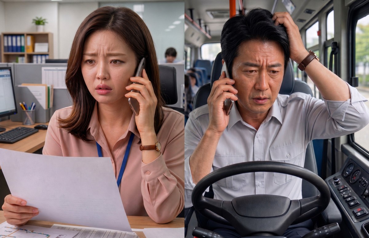 셔틀 위치 파악의 어려움 - 사무실 운영 담당자와 버스 운전 기사가 서로 통화하지만 정보가 어긋나는 모습