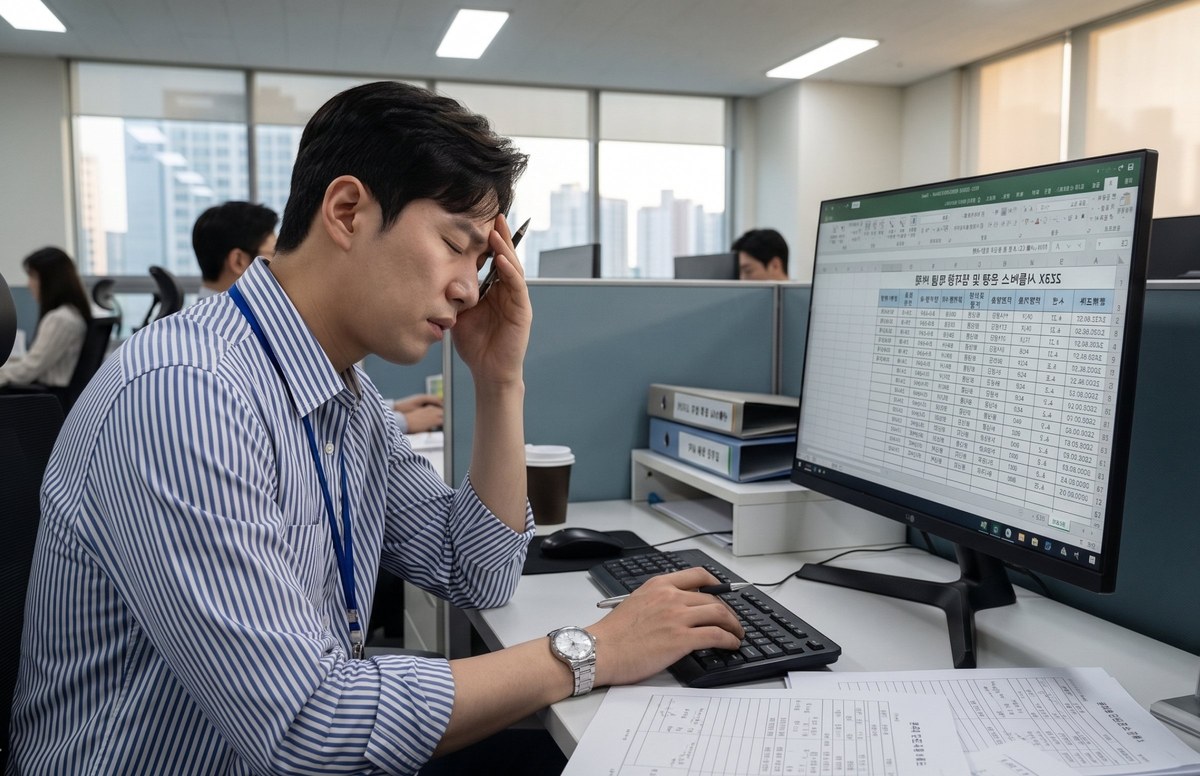 운영정보 수기 관리의 어려움 - 엑셀 화면 앞에서 머리를 짚으며 지친 운영 담당자