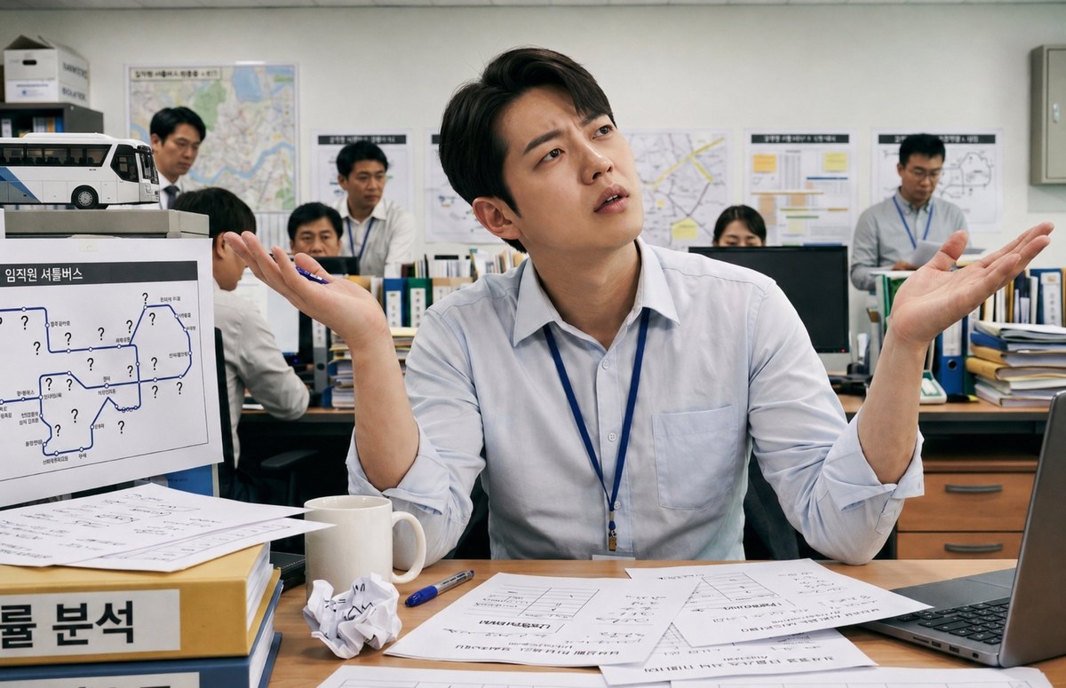 탑승객 관리의 어려움 - 임직원 셔틀 노선표에 물음표만 가득한 채 두 손 들고 답답해하는 운영 담당자